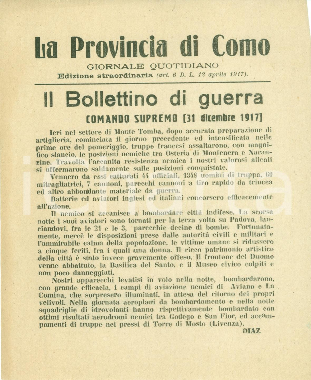 Documento originale, autentico 1917 PADOVA WWI Bollettino Guerra CittÃ  distrutta da raid aerei Provincia COMO 1