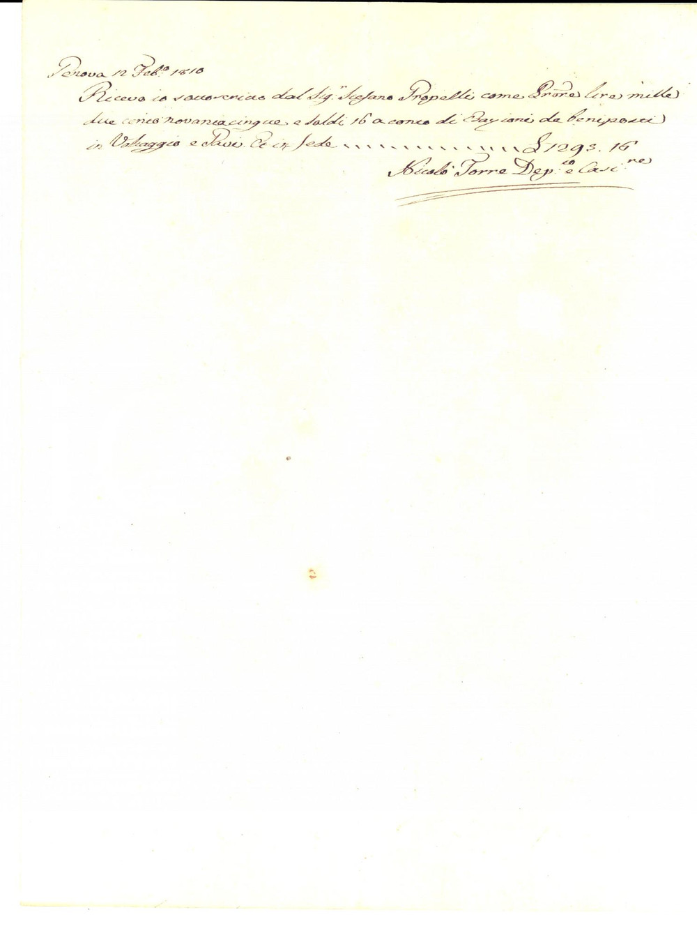 Documento originale, autentico 1810 VOLTAGGIO AL Nicolò TORRE riceve censi da Stefano GROPELLI procuratore 1