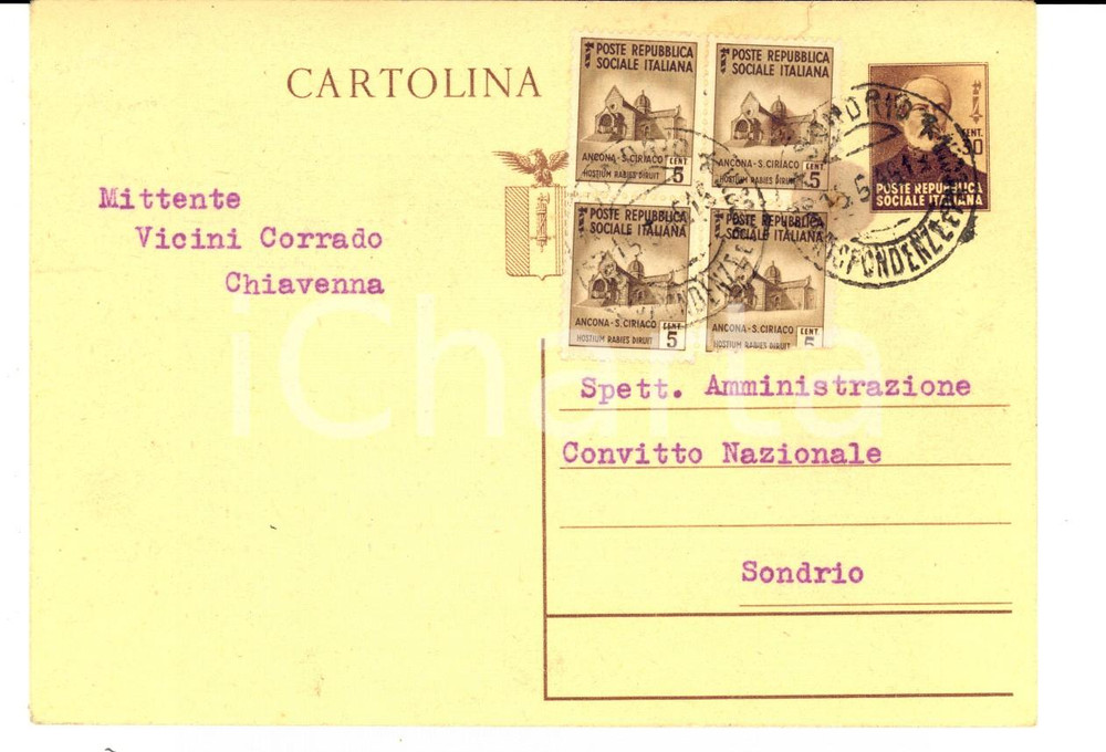 Cartolina originale da collezione 1945 STORIA POSTALE RSI CHIAVENNA Cartolina striscia 4 MONUMENTI DISTRUTTI 1
