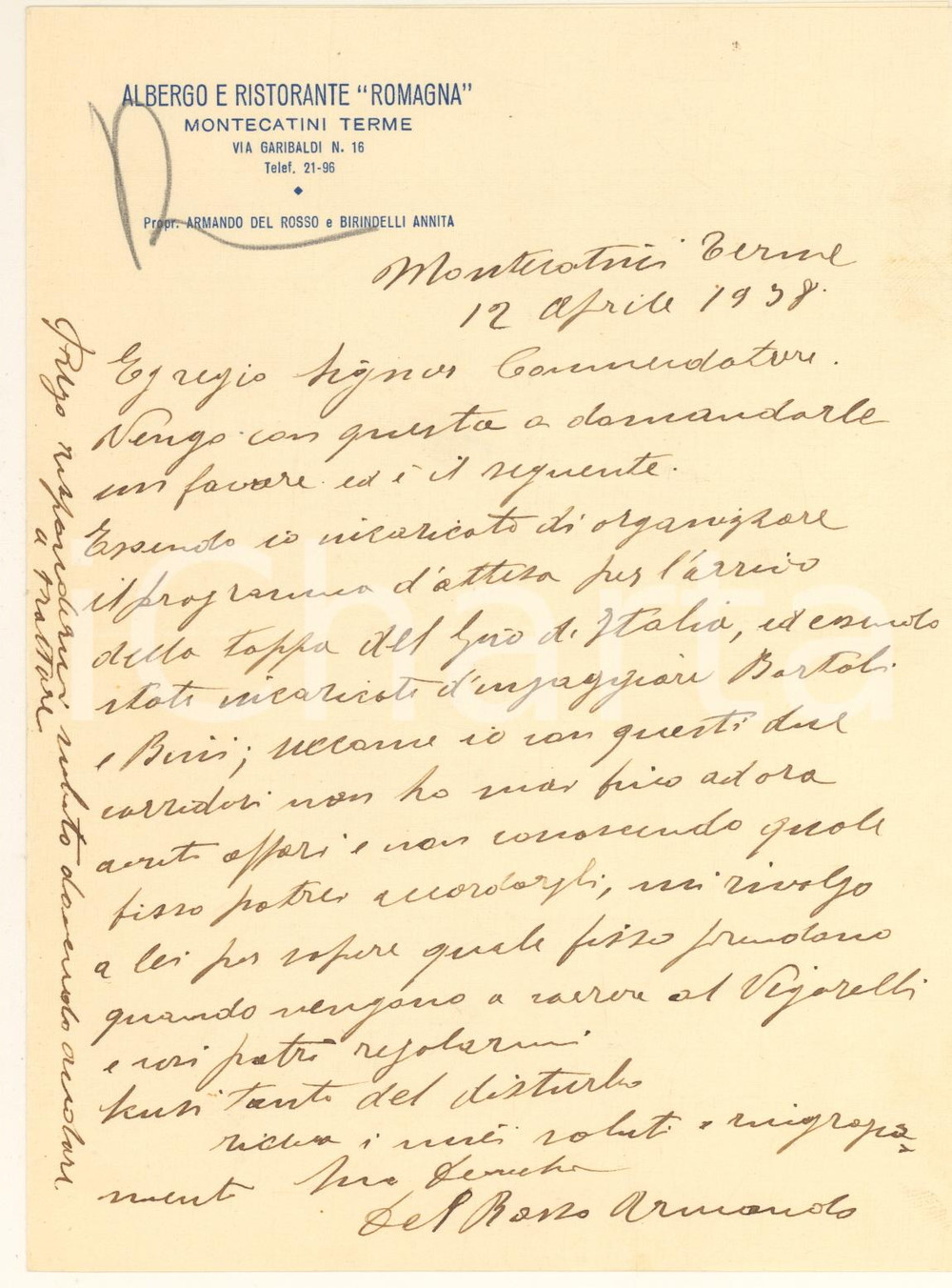 Manoscritto, lettera originale 1938 MONTECATINI TERME Albergo Ristorante ROMAGNA  Lettera Armando DEL ROSSO 1