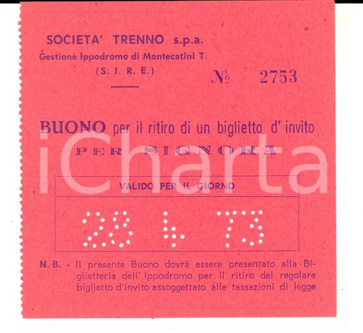 Oggetto da collezione cartaceo 1973 MONTECATINI TERME Ippodromo  Società TRENNO Buono invito per signora 1