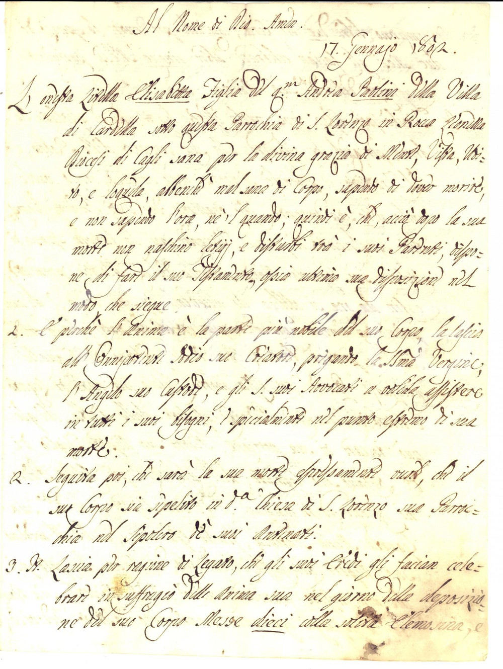 Documento originale, autentico 1802 CARDELLA PU Testamento di Elisabetta PAOLINI onesta zitella Manoscritto 1