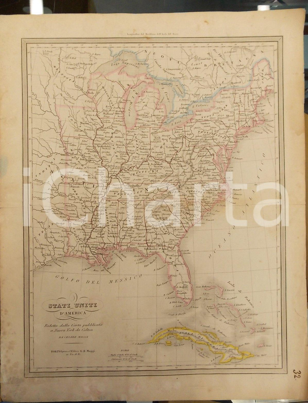 Stampa, bozzetto originale 1865 ca TORINO Atlante universale  STATI UNITI D AMERICA Ridotta Ed. MAGGI 1