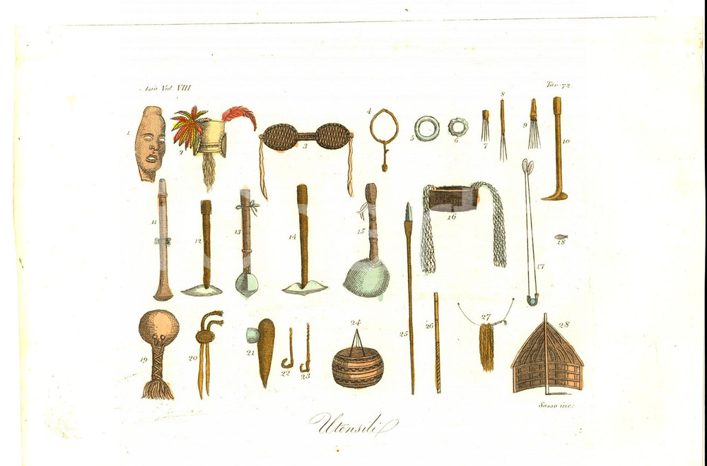 Stampa, bozzetto originale 1830 ca FERRARIO COSTUME ASIA Utensili Inc. SASSO Colorata a mano 1