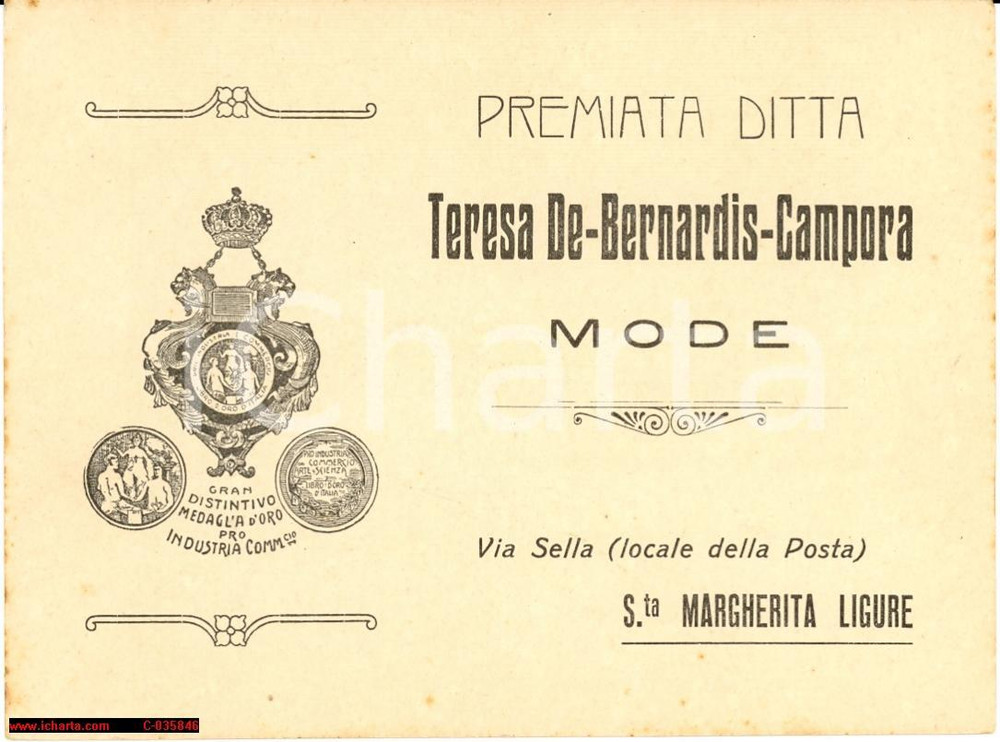 Oggetto da collezione cartaceo 1920 SANTA MARGHERITA LIGURE Premiata ditta mode Biglietto pubblicitario 1