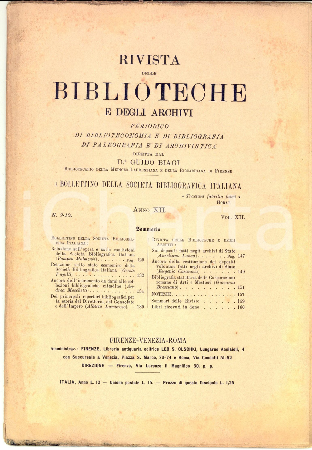 Giornale, rivista storica 1901 RIVISTA DELLE BIBLIOTECHE E DEGLI ARCHIVI SocietÃ  Bibliografica Italiana 1