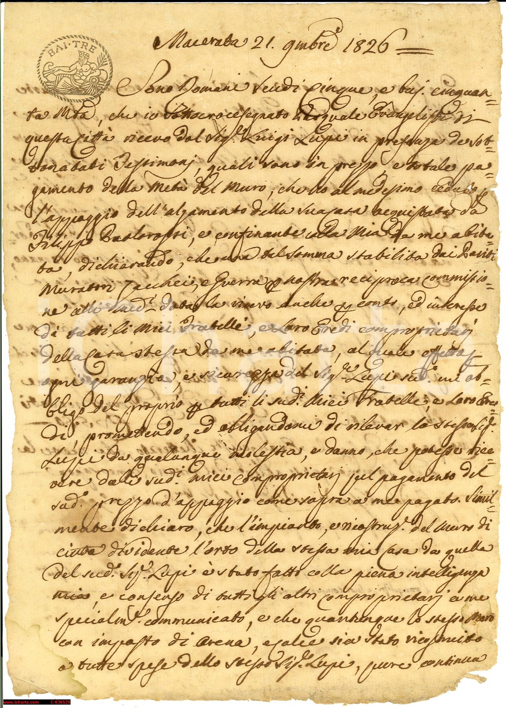 Documento originale, autentico 1826 MACERATA Spese per un muro tra le proprietà EVANGELISTI e LUPI Documento 1