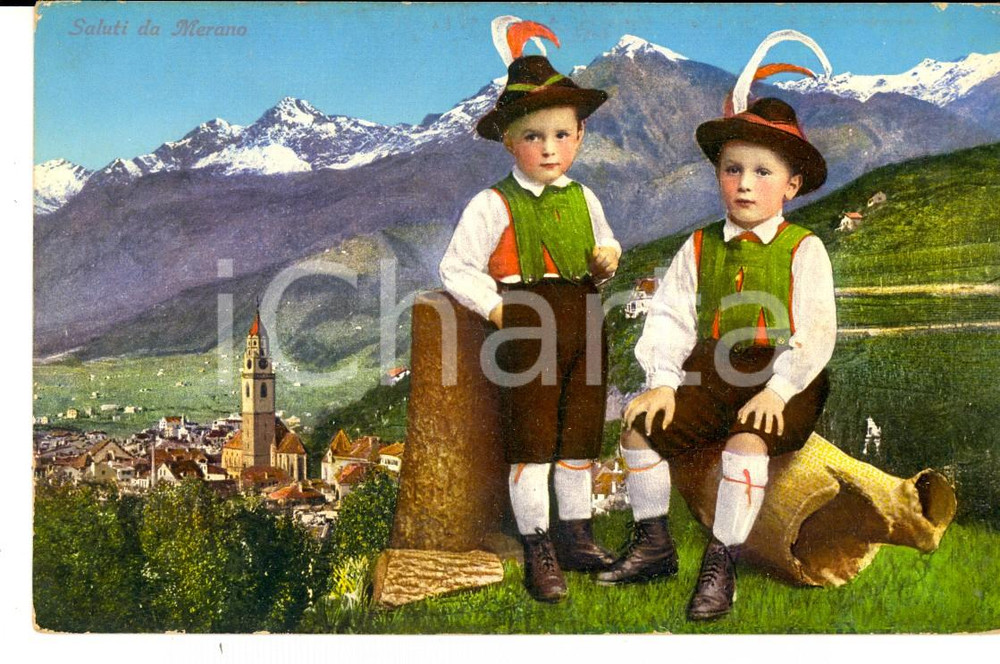 Cartolina originale da collezione 1915 ca MERANO BZ Costumi ALTOATESINI Bambini Cartolina postale FP NV 1