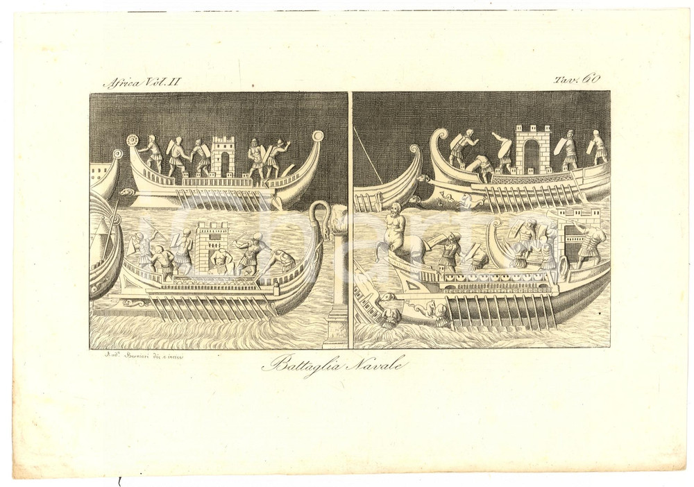 Stampa, bozzetto originale 1823 AFRICA Battaglia navale Inc. Andrea BERNIERI 1