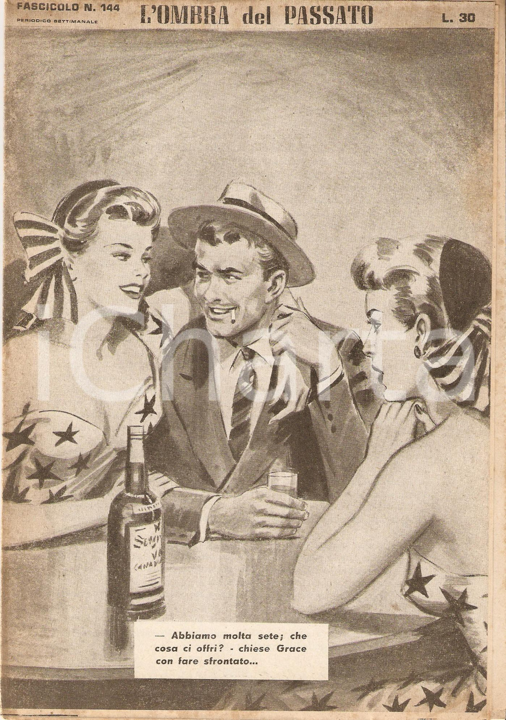 Giornale, rivista storica 1956 OMBRA DEL PASSATO Jean DE VALLORBE Uomo beve SEAGRAM S Canadian Whiskey 144 1