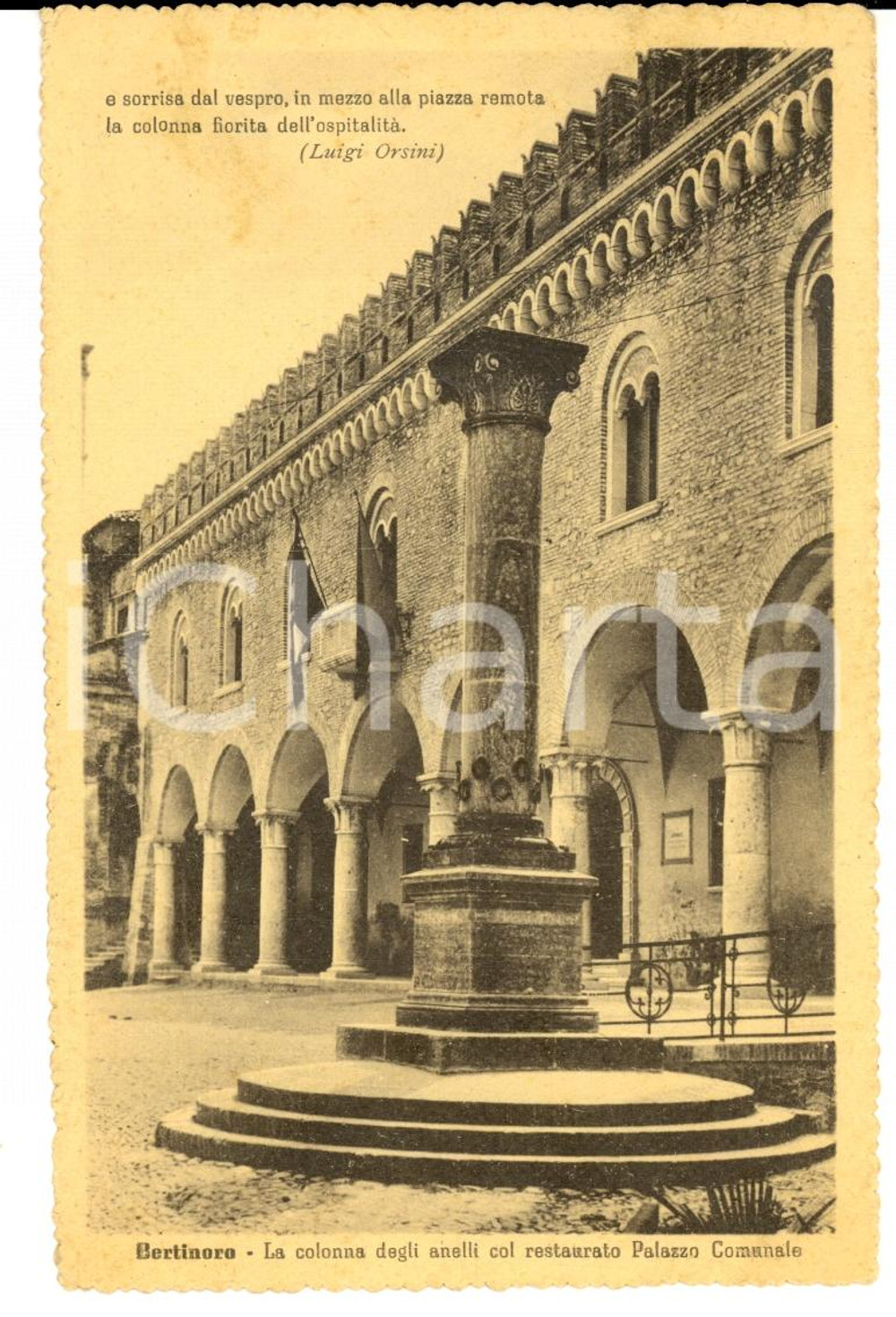 Cartolina originale da collezione 1946 BERTINORO (FC) Colonna degli anelli e Palazzo Comunale *FP VG 1