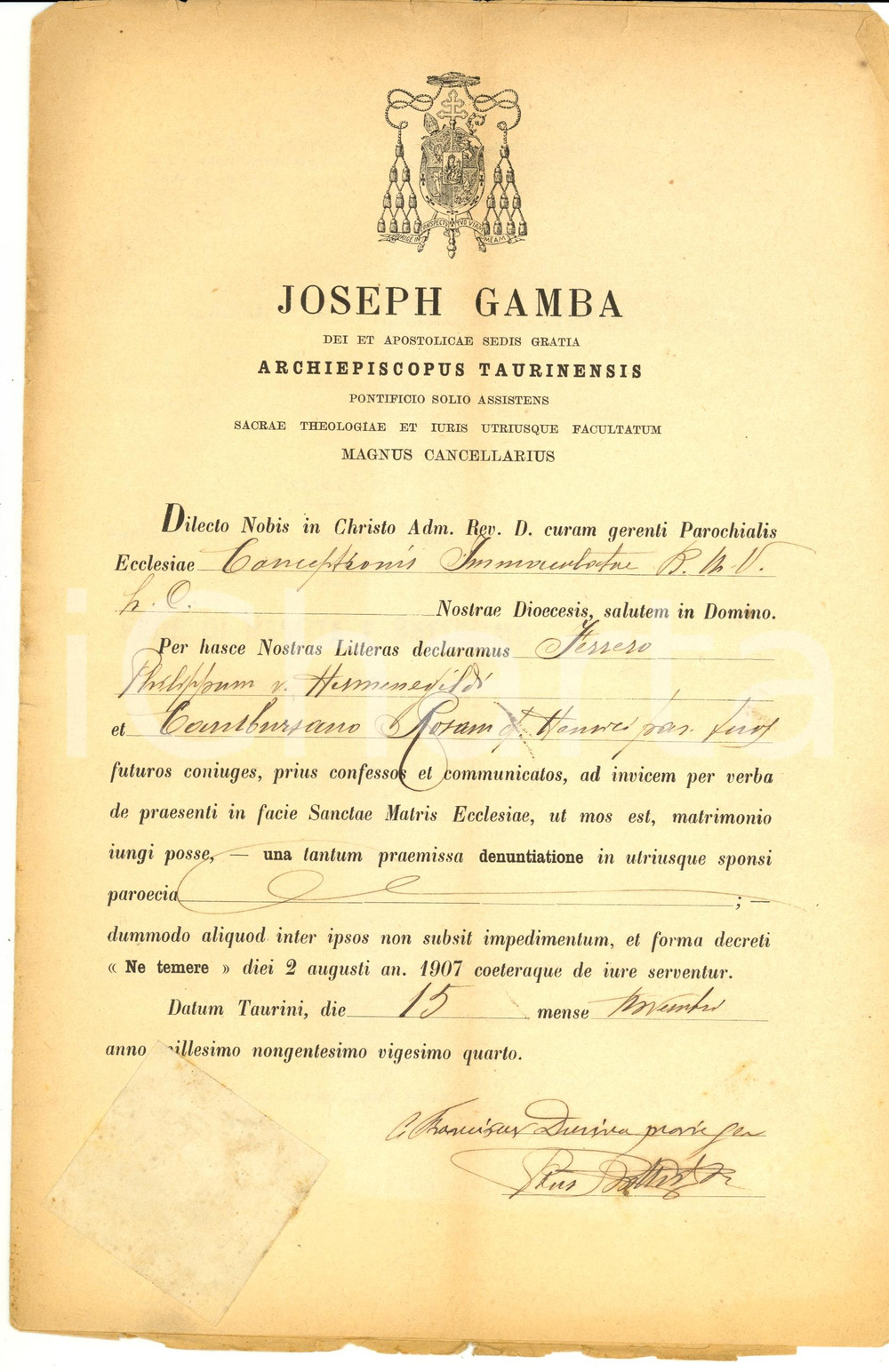 Documento originale, autentico 1924 TORINO Matrimonio FERRERO - CAMBURSANO Mons. Giuseppe GAMBA 1