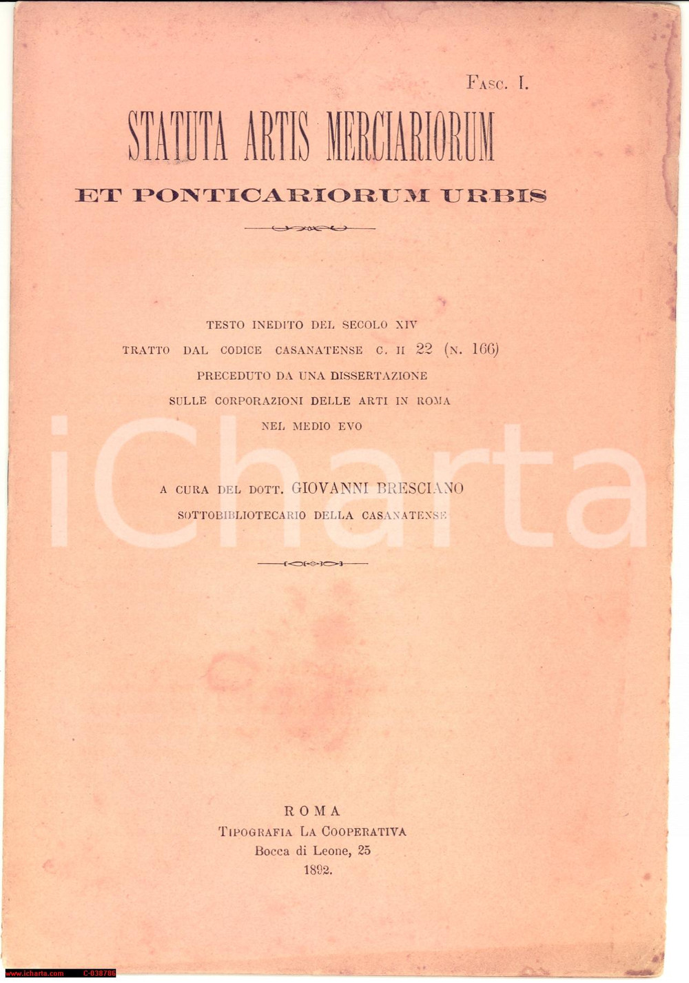 Oggetto da collezione cartaceo 1892 Statuta Artis Merciariorum, Bibl. Casanatense 1