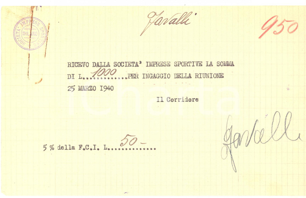 Autografo originale 1940 CICLISMO Milano Vigorelli  Ricevuta Pierino FAVALLI per corsa  AUTOGRAFO 1