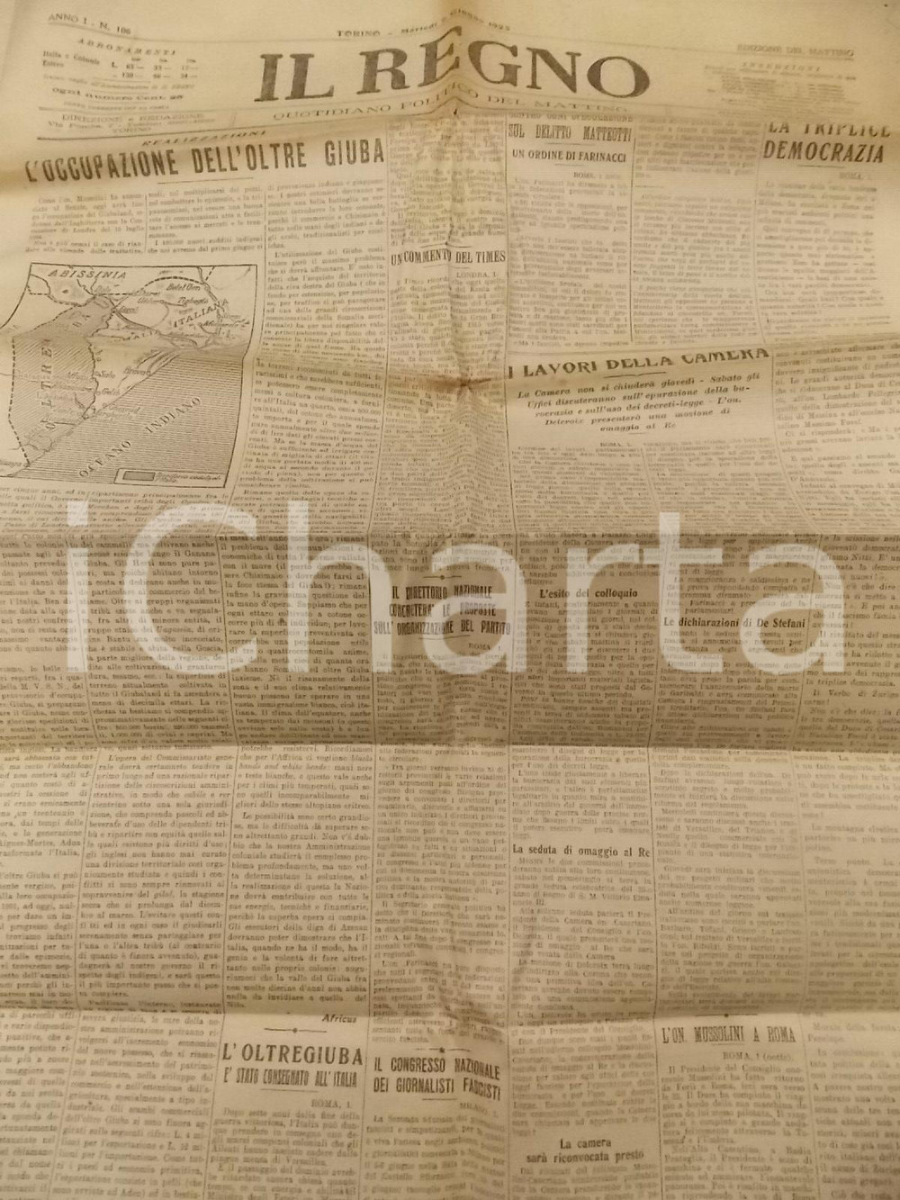 Giornale, rivista storica 1925 IL REGNO Occupazione OLTRE GIUBA  Delitto MATTEOTTI Giornale anno I n° 106 1
