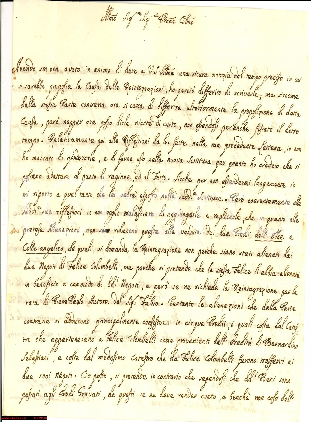 Manoscritto, lettera originale 1779 PERUGIA Vendita del Predio dell Elce COLOMBANI Lettera 1