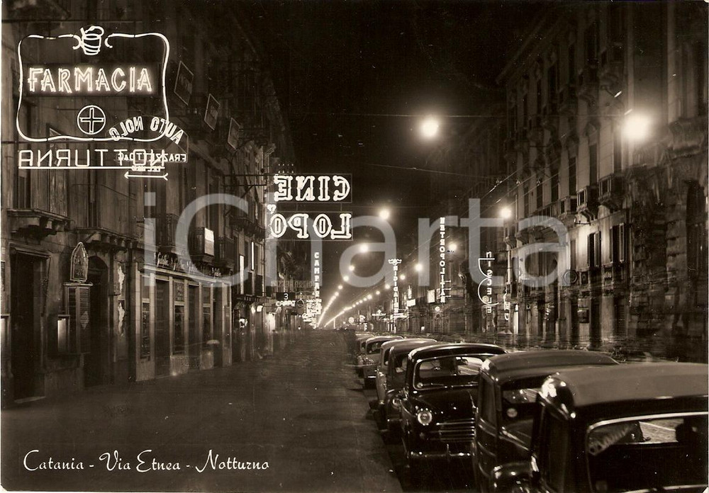 Cartolina originale da collezione 1958 CATANIA Via Etnea CINEMA LO PO' Veduta notturna *Cartolina FG VG 1