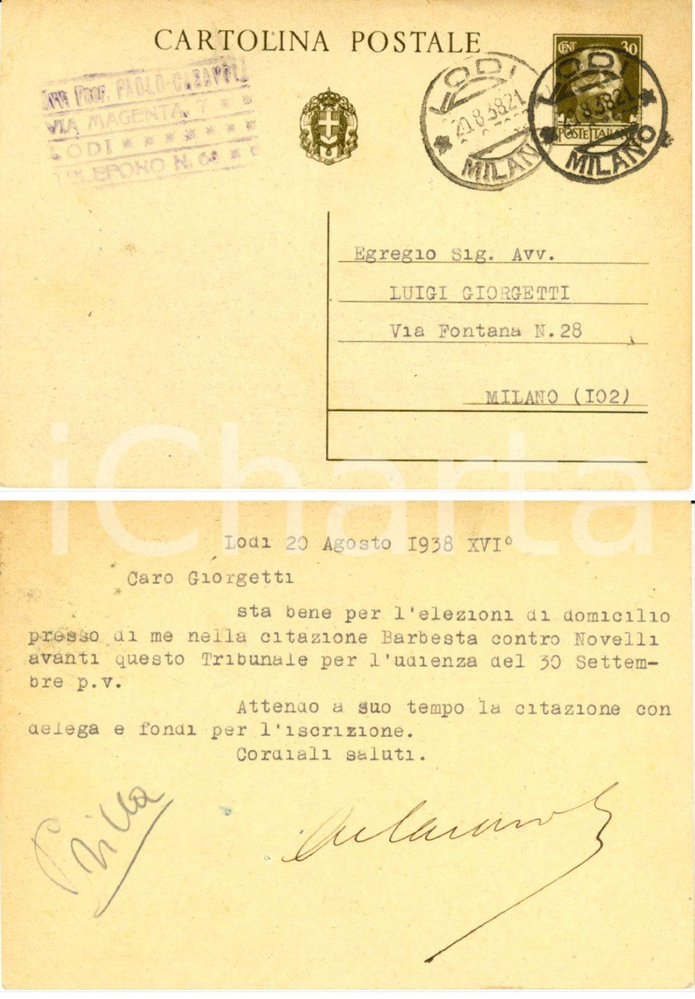 Cartolina originale da collezione 1938 LODI Avvocato Paolo CASAVOL a avvocato Luigi GIORGETTI *Cartolina FG VG 1