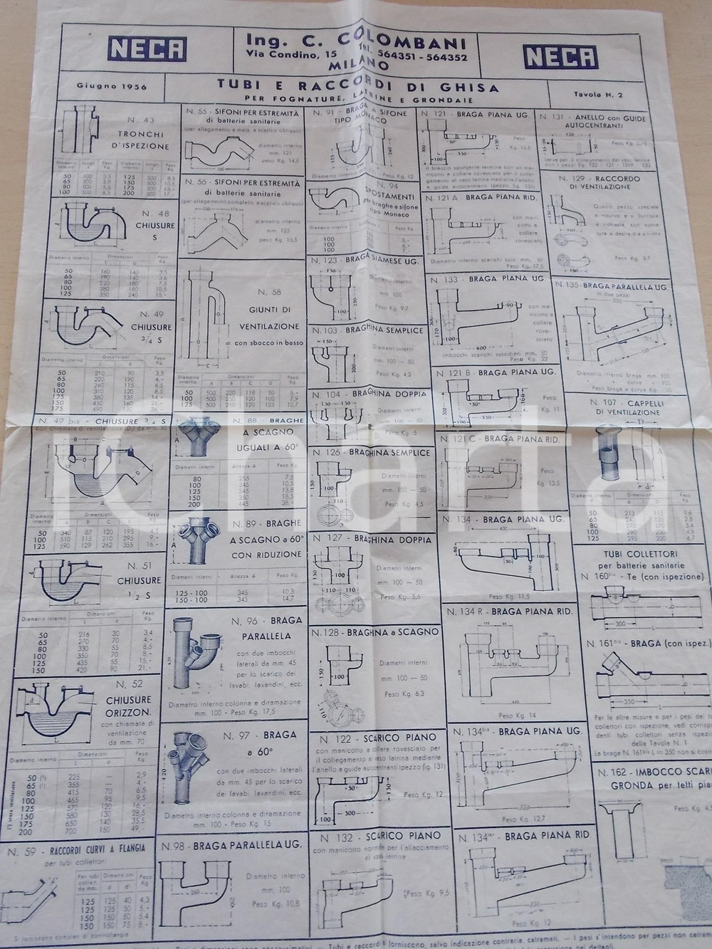 Materiale pubblicitario d’epoca 1956 MILANO NECA Ing. COLOMBANI Tubi e raccordi di ghisa Pubblicitario 35x50 1