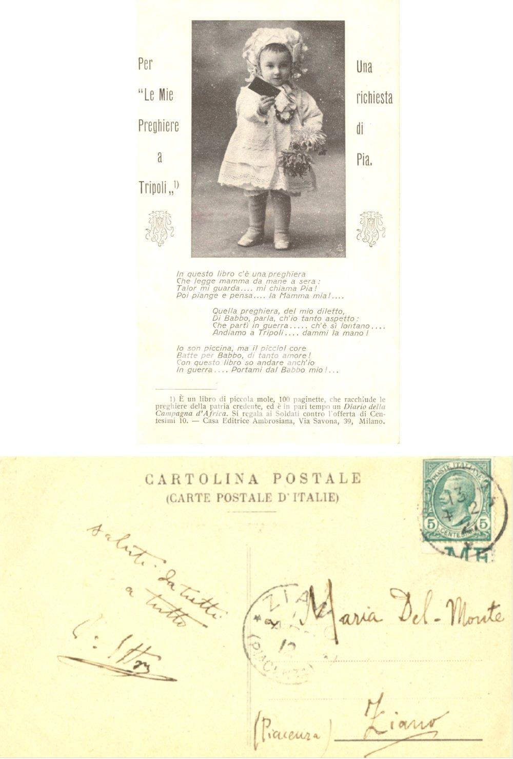 Cartolina originale da collezione 1912 MILANO Piccola Pia richiede LE MIE PREGHIERE A TRIPOLI Cartolina Illustrata 1