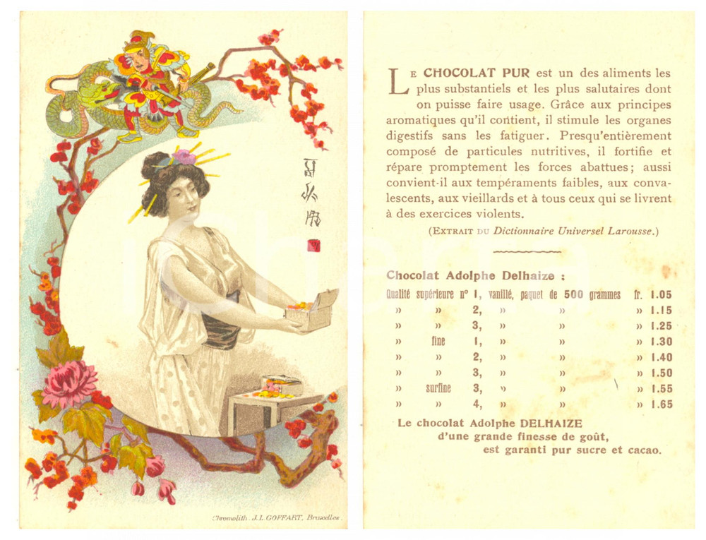 1910 ca JAPON Femme avec son coffret - Carte publicitaire Chocolat DELHAIZE  Cartoncino pubblicitario d'epoca, illustrato con immagine tradizionale giapponese.Pubblicit&agrave; al verso del cioccolato Delhaize.CONDIZIONI: GFORMATO: 9x14 cm    originale e autentica 1