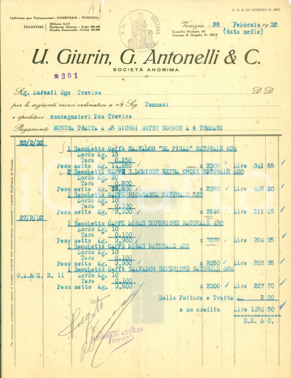Documento originale, autentico 1932 VENEZIA Società Anonima GIURIN ANTONELLI & C. Caffé SALVADOR NICARAGUA 1