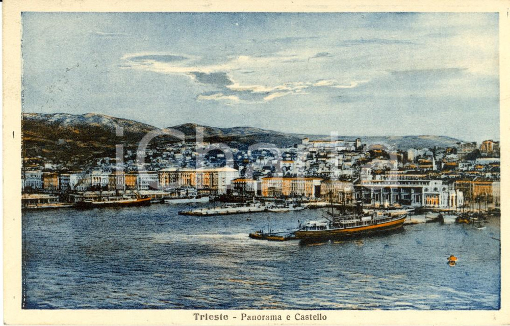Cartolina originale da collezione 1922 TRIESTE Panorama porto con navi all attracco e castello Cartolina FP VG 1
