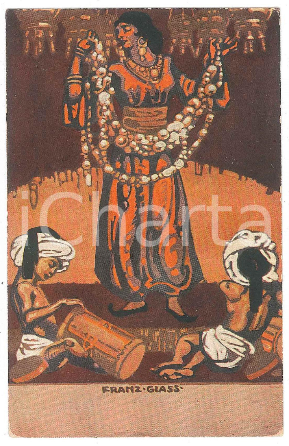 1910 Artist Franz GLASS Odalisque and little drummers ILLUSTRATED Postcard FP VG  Cartolina postale d'epoca, viaggiata. FAIR/discreto lievi smussature agli angoli Formato: FP originale e autentica 1