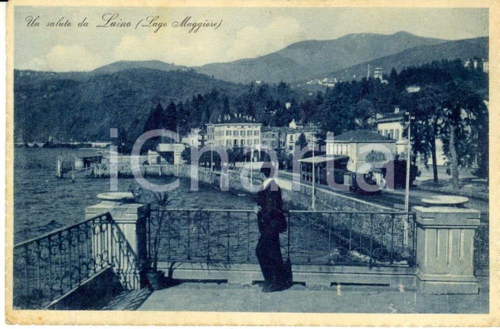 Cartolina originale da collezione 1930 ca LUINO VA Lago MAGGIORE Veduta lungolago con treno a vapore ANIMATA FP 1