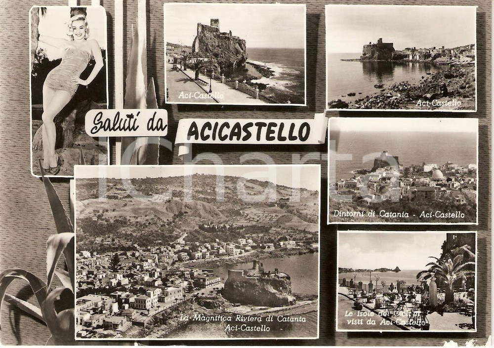 Cartolina originale da collezione 1958 ACI CASTELLO CT Vedutine con PINUP Isole dei Ciclopi Cartolina FG VG 1