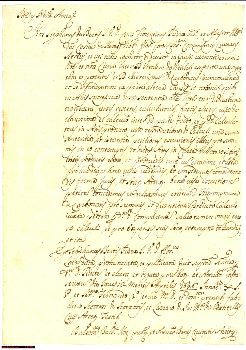 Manoscritto, lettera originale 1646 AREZZO Girolamo CARBONATI condannato in una causa 1