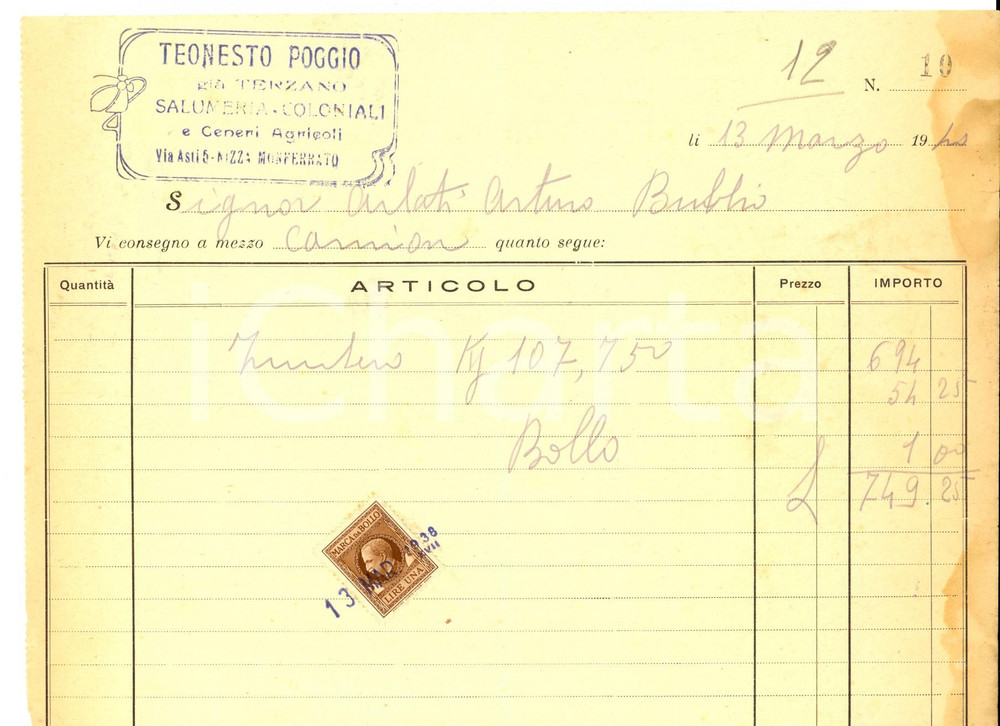 Documento originale, autentico 1938 NIZZA MONFERRATO AL Teonesto POGGIO già TERZANO Salumeria Fattura 1