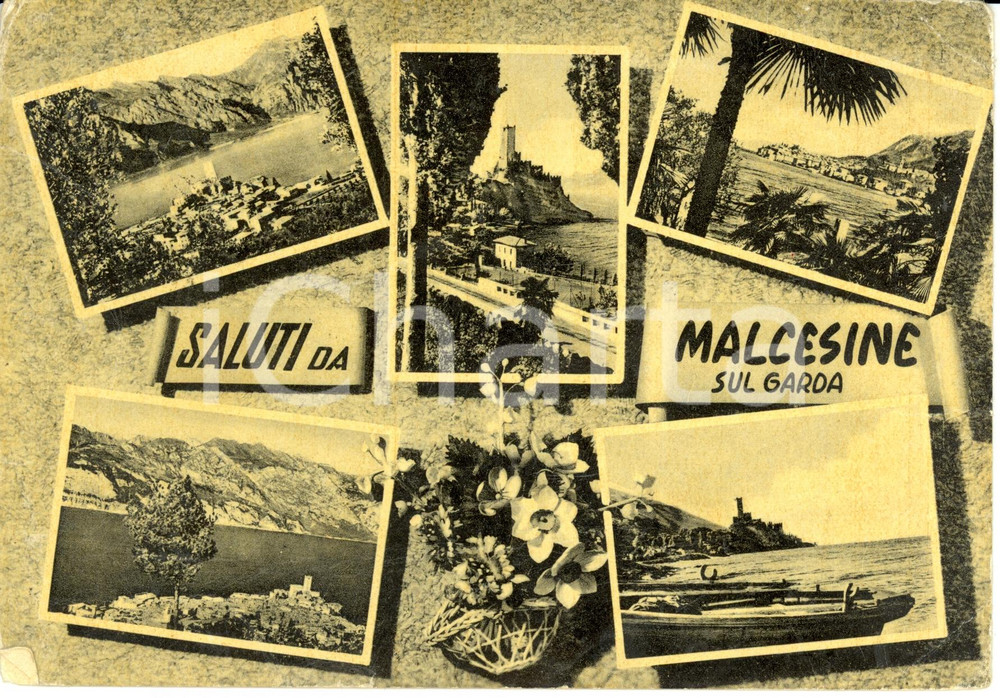 Cartolina originale da collezione 1958 MALCESINE (VR) Vedutine con Castello SCALIGERO  e lago * Cartolina FG VG 1