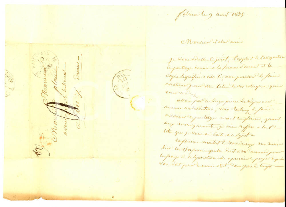 Manoscritto, lettera originale 1834 FELINES F Notaio OLLIVIER invia carte all avvocato PLAN di DIE Lettera 1