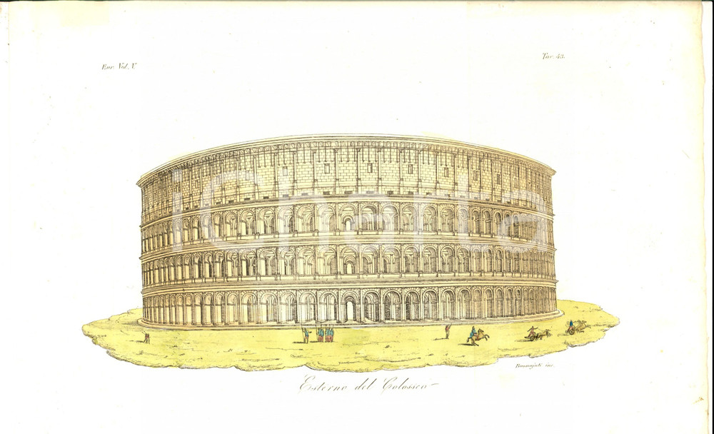 Stampa, bozzetto originale 1830 ca COSTUME EUROPEO Esterno del Colosseo Inc. BONAJUTI acquerellata 1