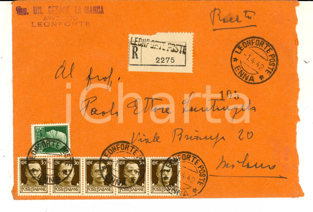 Cartolina originale da collezione 1942 STORIA POSTALE LEONFORTE Busta avv. Cesare LA MARCA Raccomandata cent. 30 1