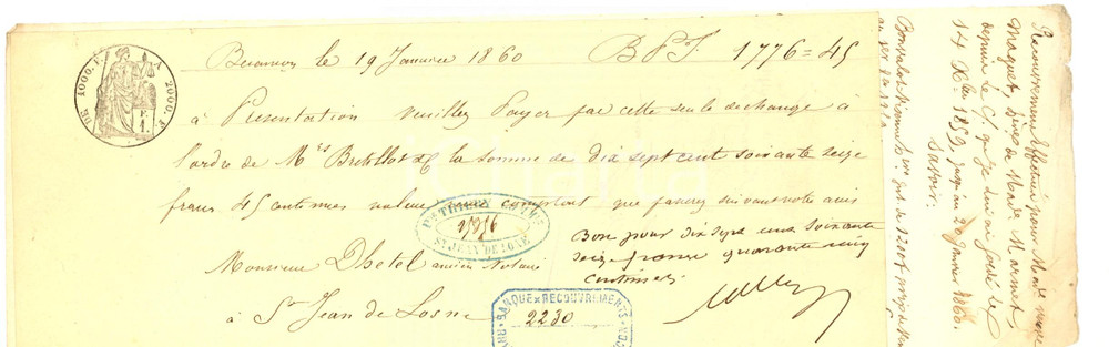 Oggetto da collezione cartaceo 1860 BESANCON Cambiale all ordine di THIERY presso banca BRETILLOT & CIE 1
