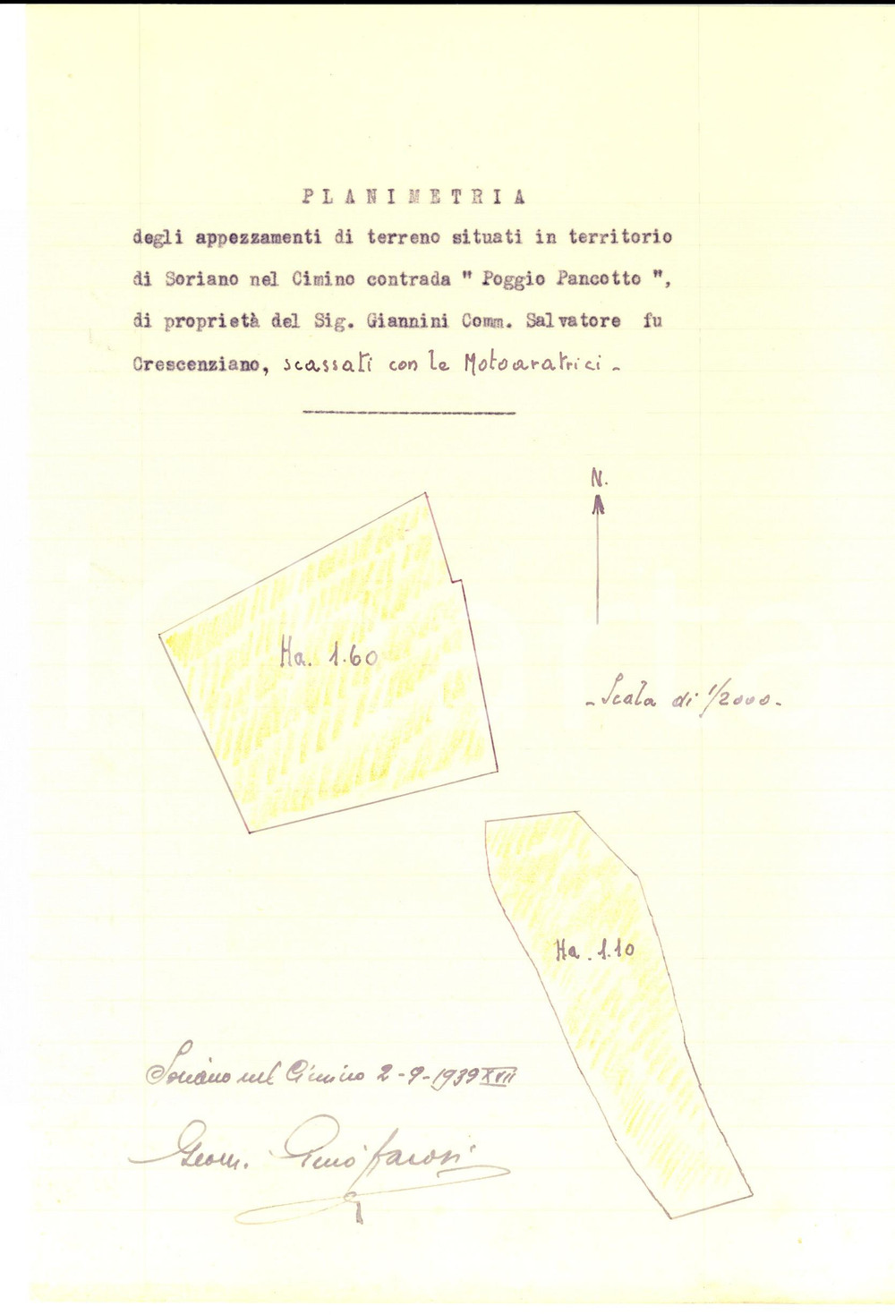 Documento originale, autentico 1939 SORIANO NEL CIMINO (VT) Salvatore GIANNINI frodato per aratura podere 1