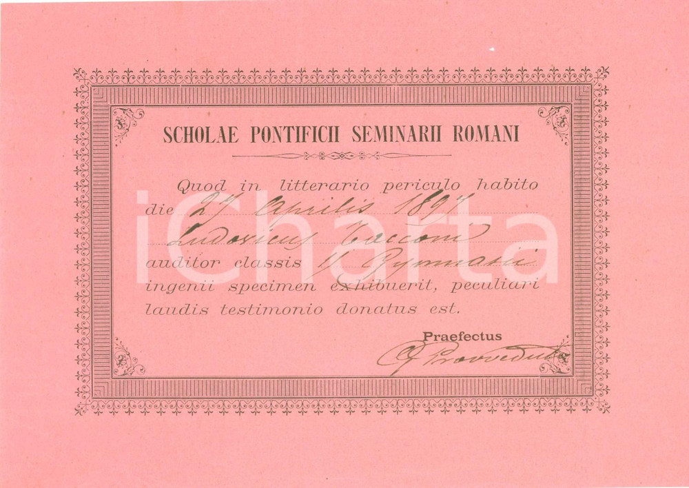 Documento originale, autentico 1897 ROMA Attestato di lode per Ludovico TACCONI Pontificio Seminario Romano 1