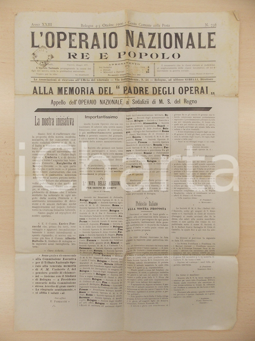 Giornale, rivista storica 1900 L OPERAIO NAZIONALE Appello sodalizi operai in memoria di Umberto I nÂ° 756 1