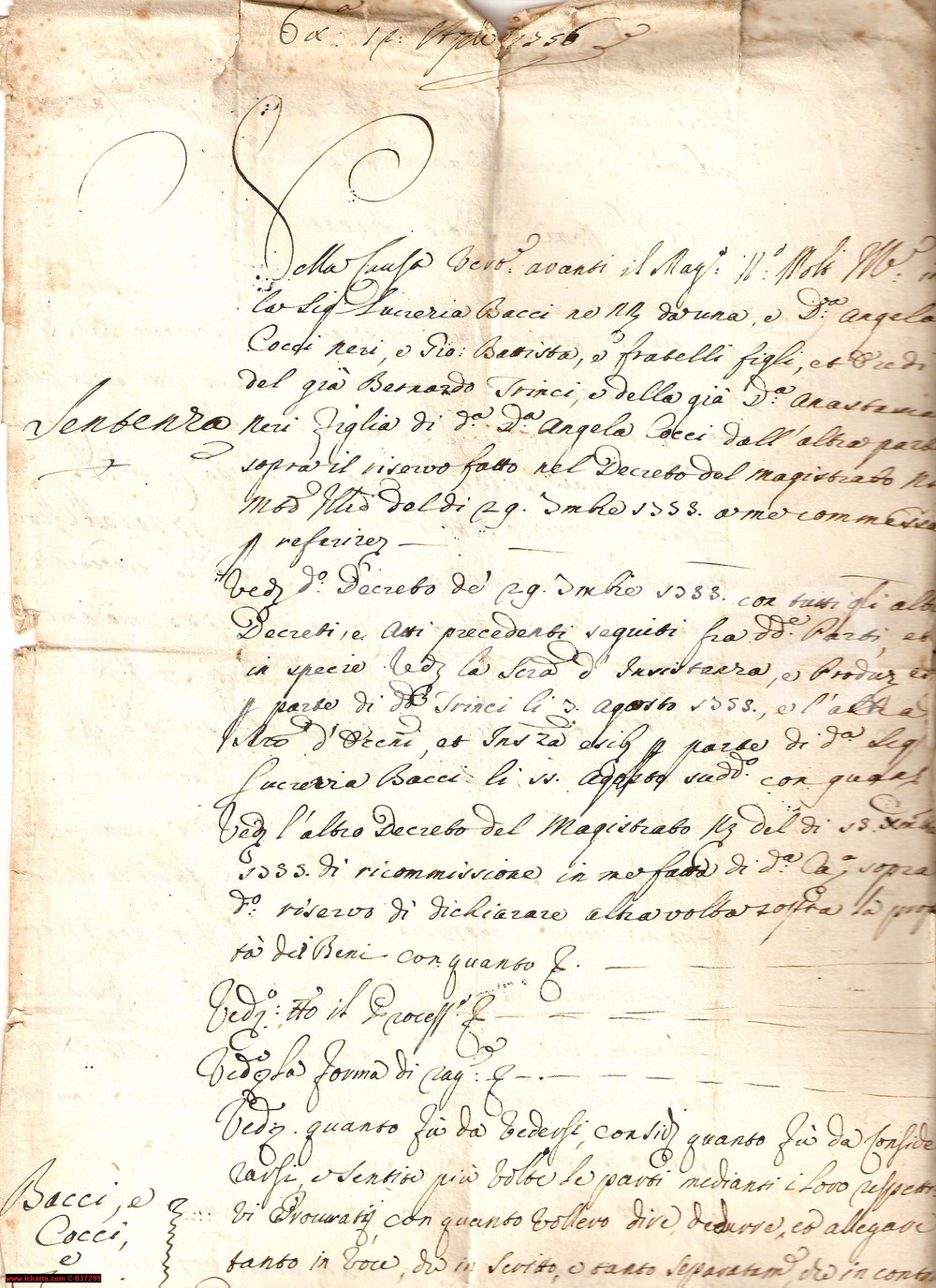Documento originale, autentico 1756 AREZZO Diritti Lucrezia BACCI su eredi COCCI NERI 1