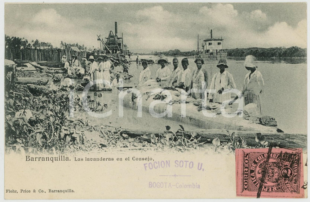 1900 ca BARRANQUILLA (COLOMBIA) Las lavanderas en el Consejo *Vintage postcard  Cartolina postale d'epoca, con bollo e timbro (non scritta).CONDIZIONI: GFORMATO: FP    originale e autentica 1