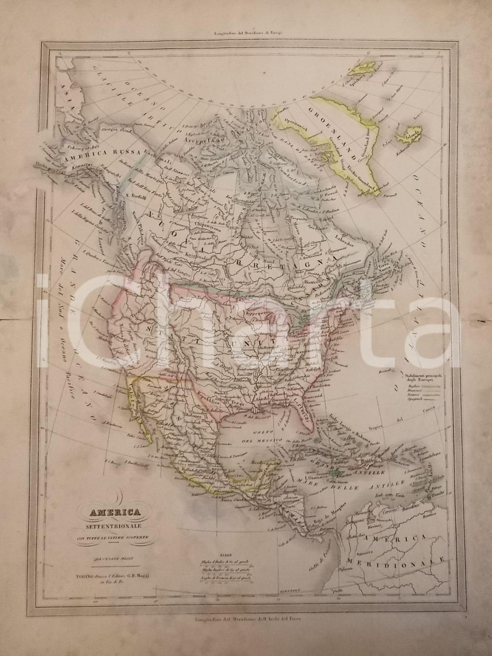 Stampa, bozzetto originale 1865 ca TORINO Atlante universale  AMERICA SETTENTRIONALE Ed. MAGGI 1