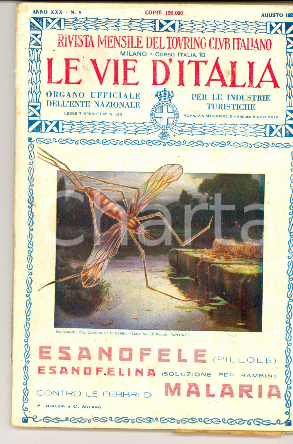 Giornale, rivista storica 1924 TOURING CLUB ITALIANO Miniera di Lurisia Anno XXX nÂ° 8 ESANOFELE malaria 1