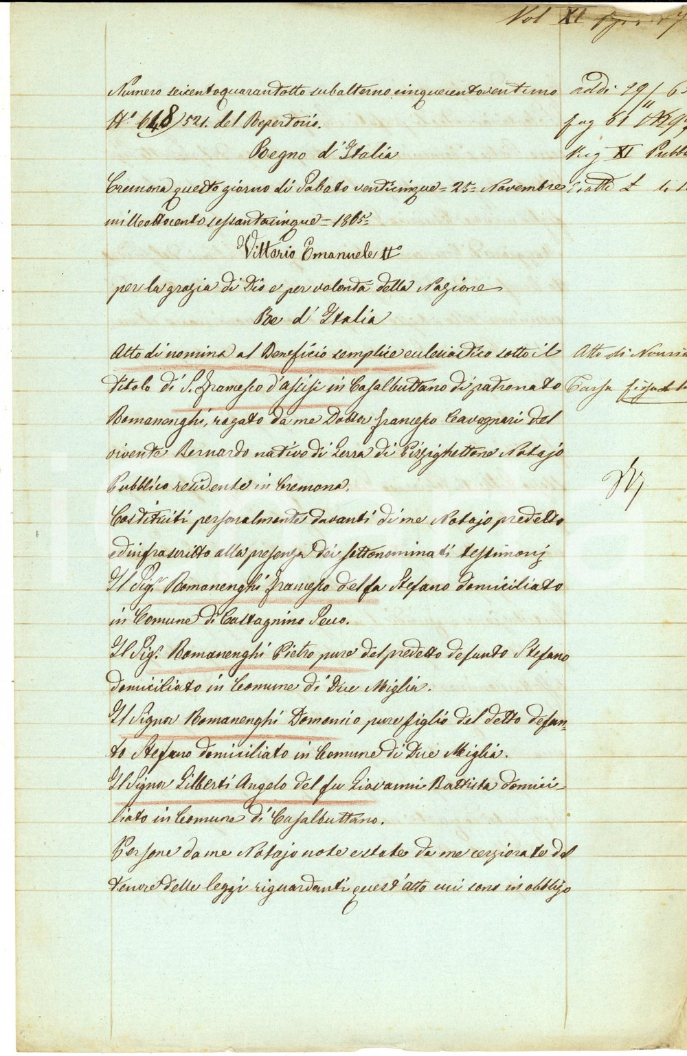 Documento originale, autentico 1865 CASALBUTTANO Nomina fratelli ROMANENGHI patroni beneficio S. FRANCESCO 1