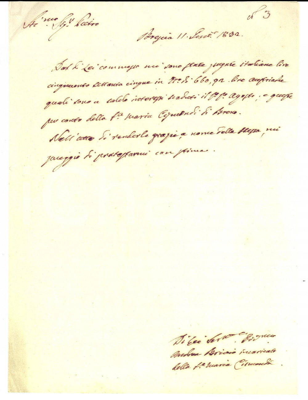 Documento originale, autentico 1832 BRESCIA Andrea BRIVIO rilascia ricevuta per conto di Maria CISMONDI 1