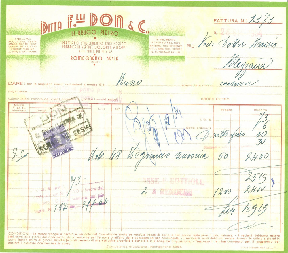 Oggetto da collezione cartaceo 1954 ROMAGNANO SESIA Stabilimento F.LLI DON Pietro BRUGO vino BOGNANCO AUSONIA 1