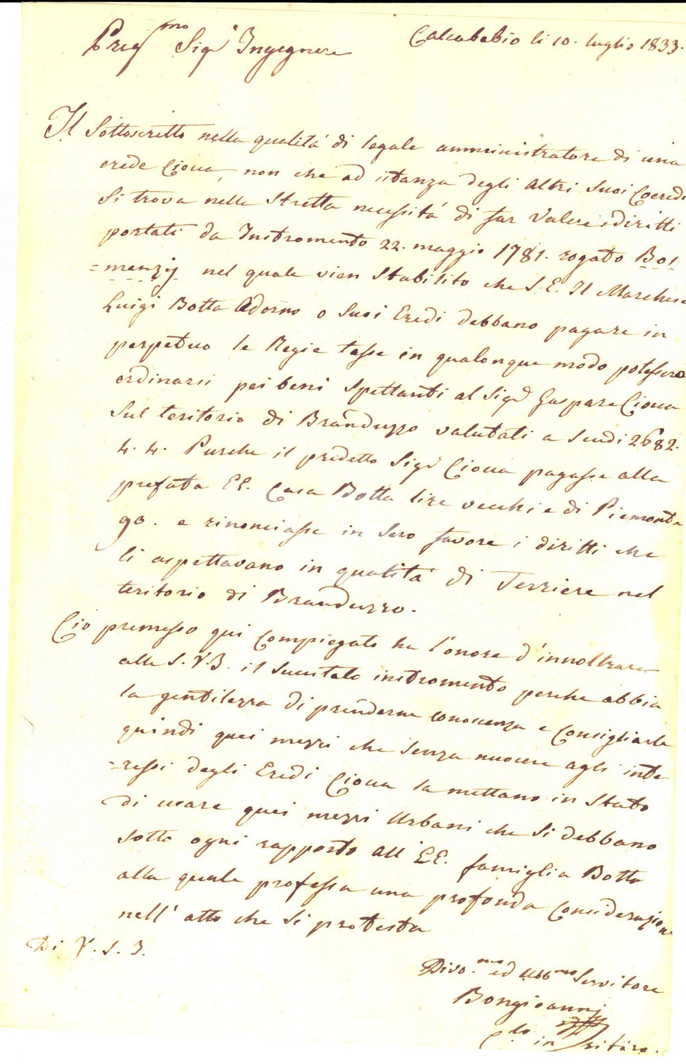 Documento originale, autentico 1833 LUNGAVILLA (PV) Amministratore BONGIOANNI nell'interesse eredi CIOCCA 1