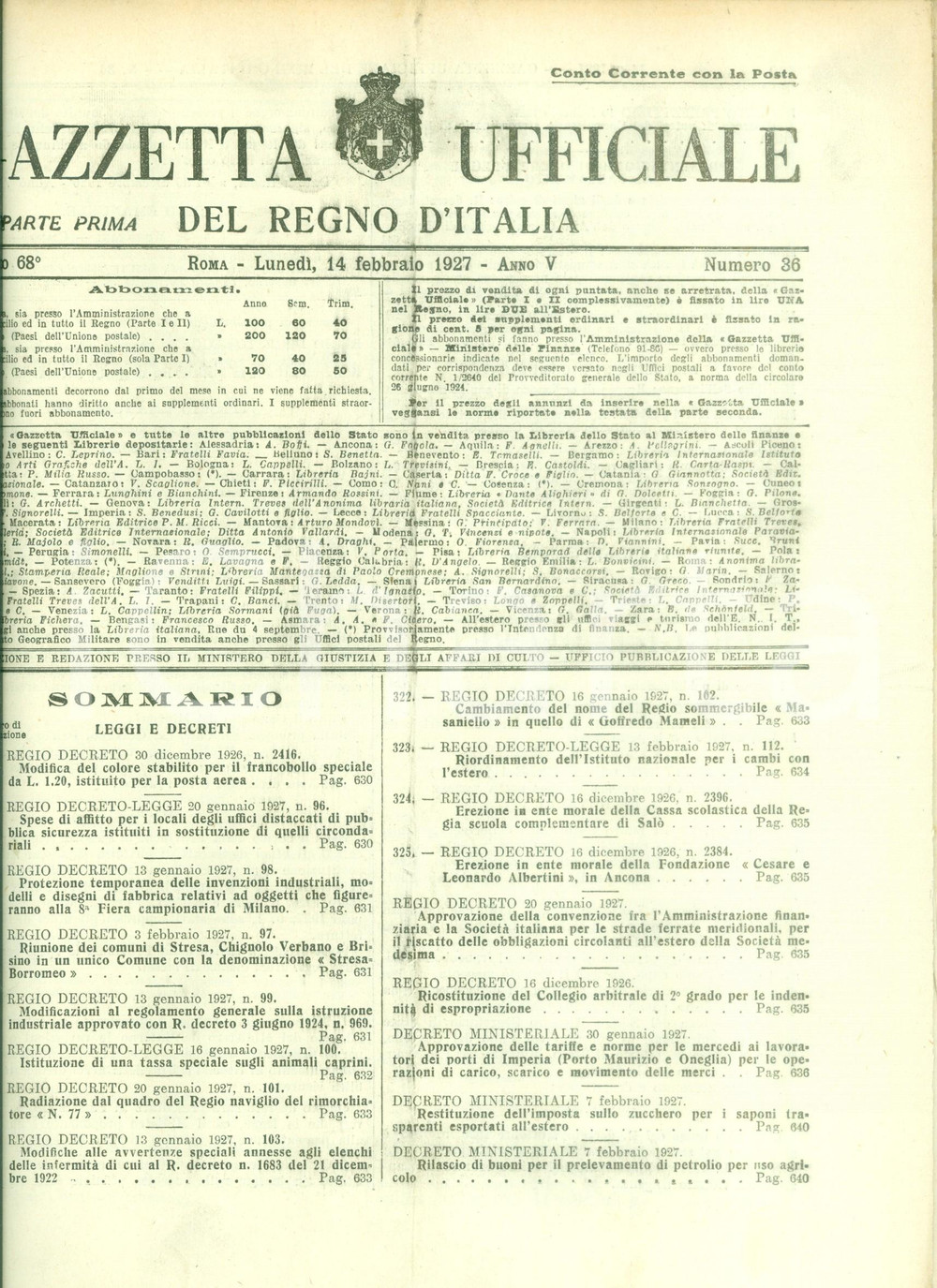 Documento originale, autentico 1927 GAZZETTA UFFICIALE DEL REGNO D ITALIA Tariffe lavoratori porti di IMPERIA 1