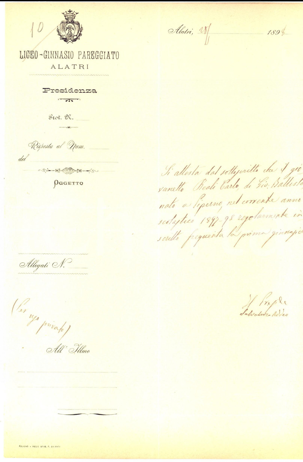 Documento originale, autentico 1898 ALATRI FR Regio Ginnasio  Attestato di frequenza studente Carlo REALI 1
